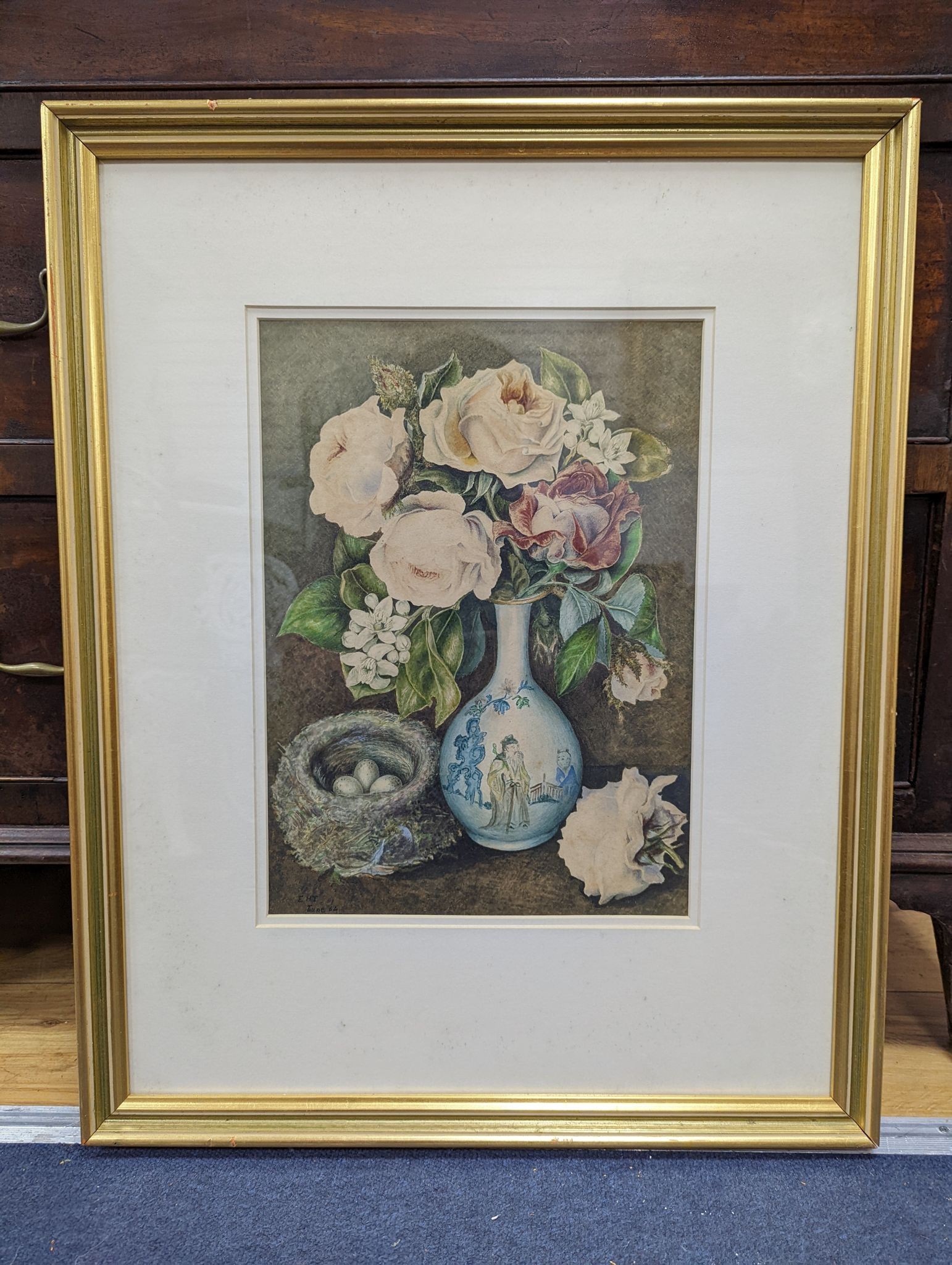 Victorian School, watercolour, Still life, roses in a vase and bird's nest, initialled E.H.T. and dated '64, 36 x 26cm